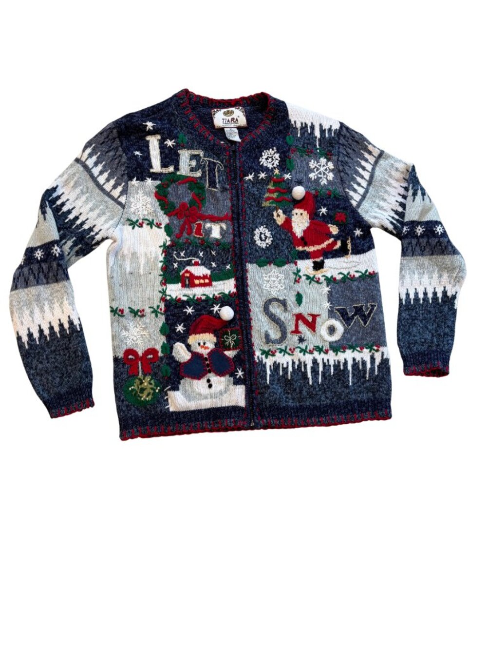 Tiara International Y2K Ugly Christmas Cardigan Blue Let It Snow M